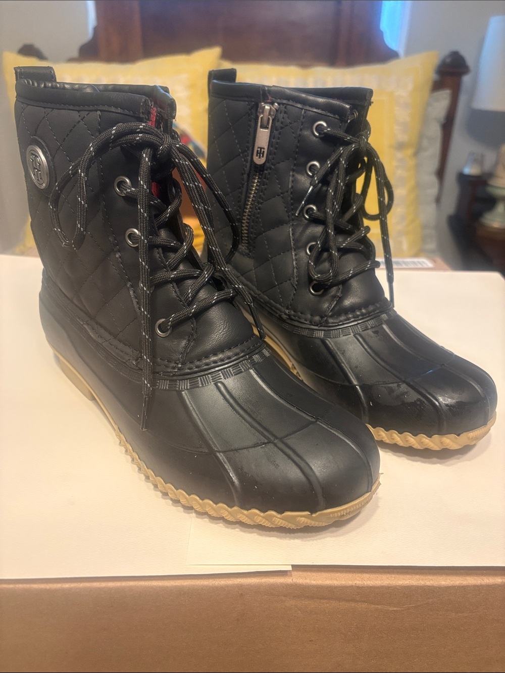 Tommy Hilfiger Black Quilted Rubber Winter Rain Boots with Tan Outsole